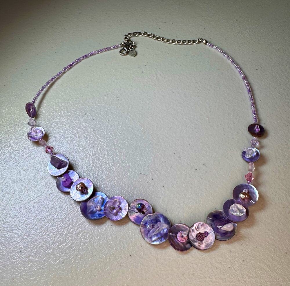 Purple Mother of Pearl Shell Disc Beaded Necklace Graduated Boho